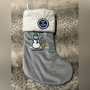 LIFE IS GOOD Christmas Stocking Embroidered Snowman & Dog Rocket Velvet Faux Fur